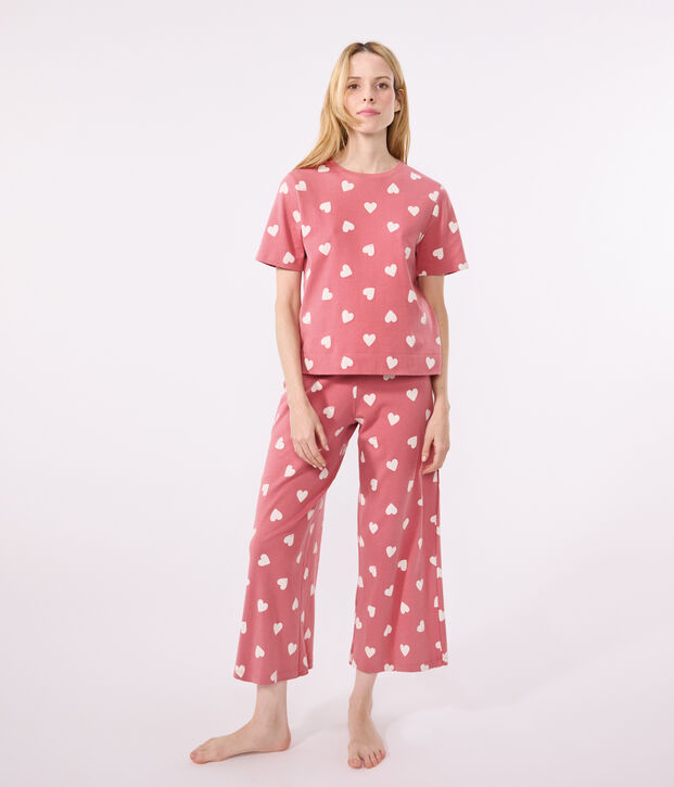 Pyjama en coton imprim&eacute; c&oelig;ur femme rose/blanc