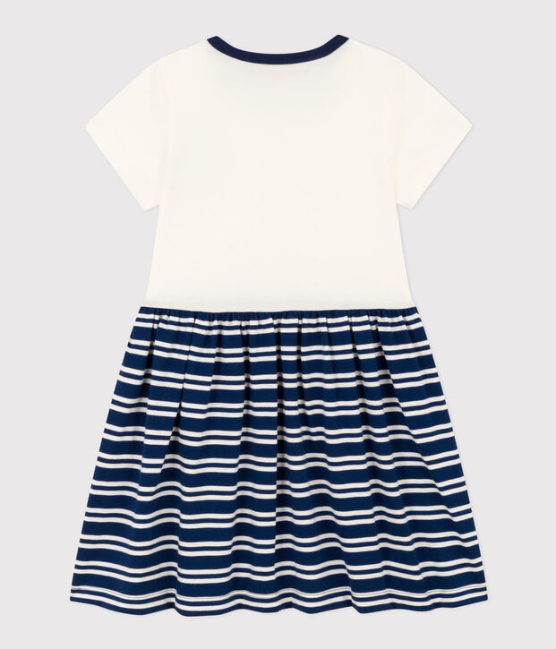 Meisjesjurk met korte mouwen in katoen blauw/wit