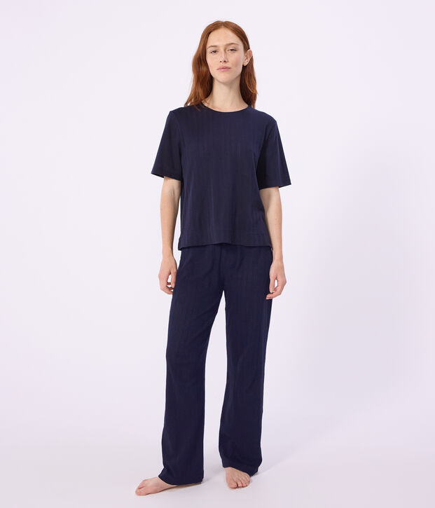 Pyjama manches courtes femme en coton ajour&eacute; bleu