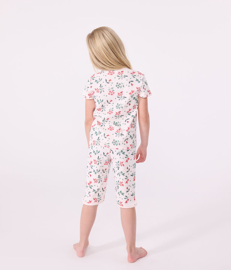 Pyjama capri enfant en coton imprim&eacute; fleuri rose FLEUR/blanc MULTICO