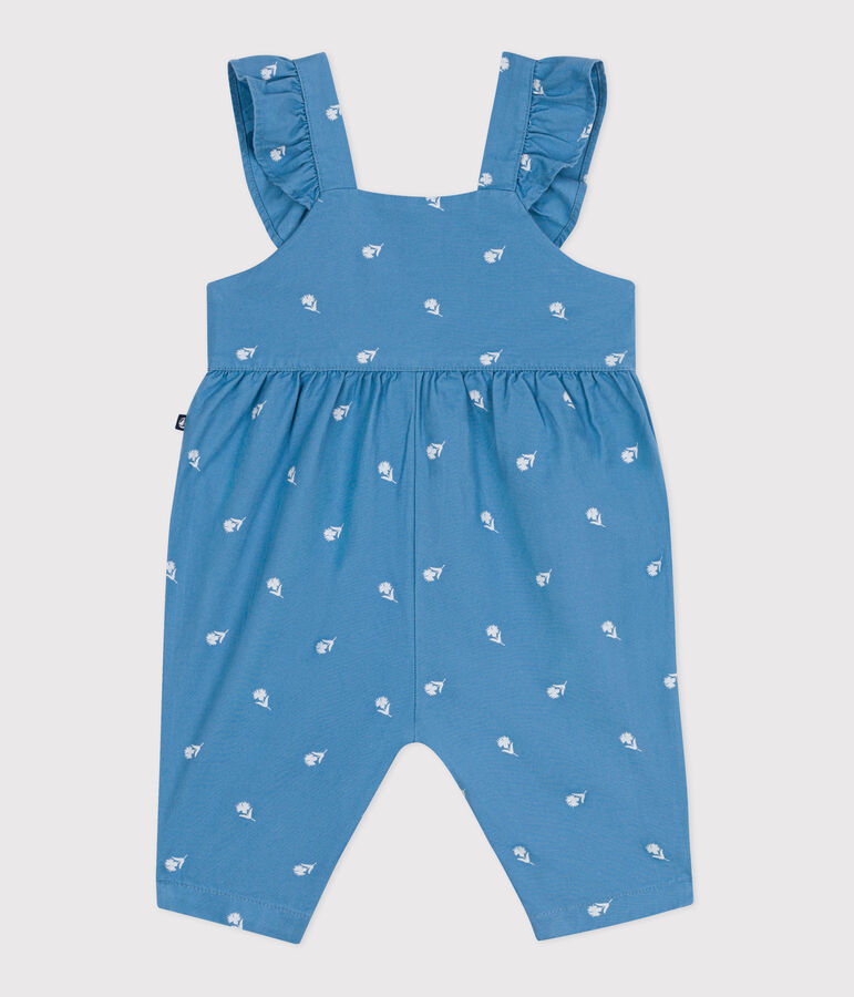 Katoenen babysalopette met lange pijpen en geborduurde bloemetjes blauw/wit