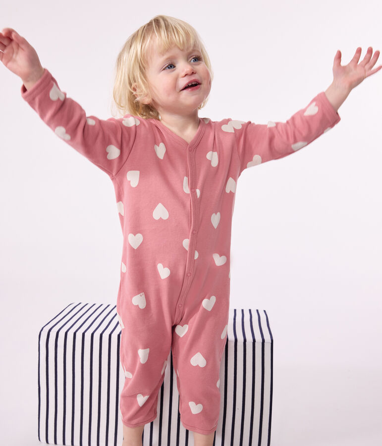 Pyjama sans pieds imprim&eacute; en coton b&eacute;b&eacute; rose/blanc