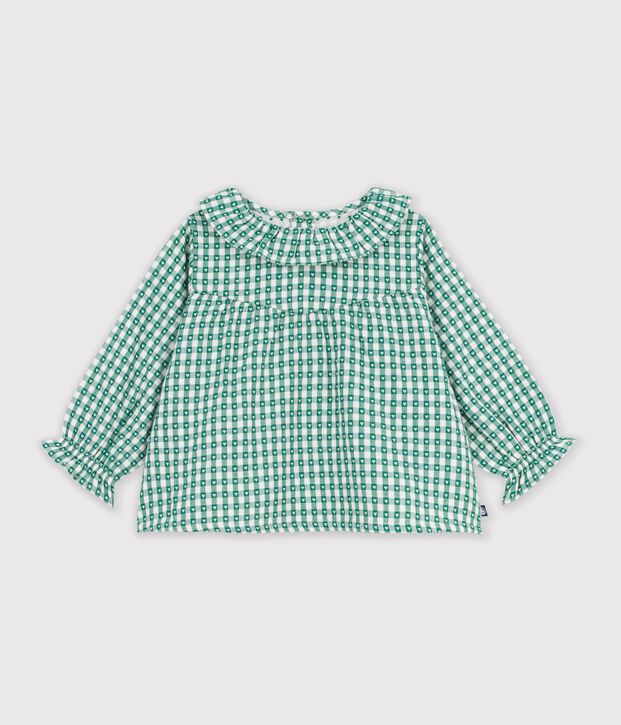 Katoenen babybloesje met lange mouwen en vichy-/hartjesprint groen/wit
