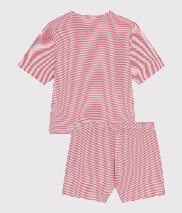 Pyjama short femme en coton &agrave; rayures rose/blanc