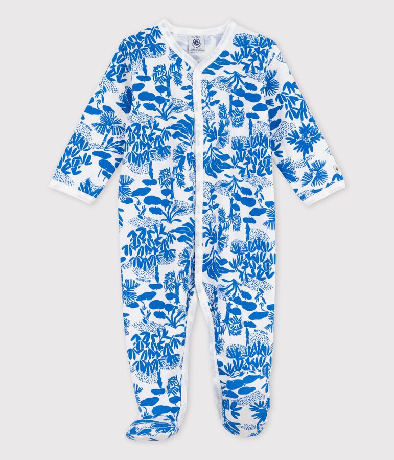 Slaappakje in katoen met plantenprint voor baby's wit/blauw