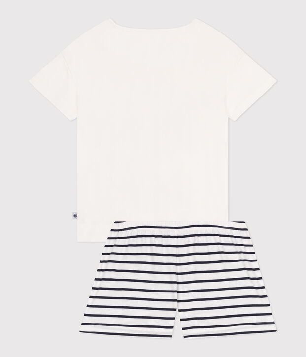 Pyjama short femme en coton imprim&eacute; c&oelig;urs blanc/bleu