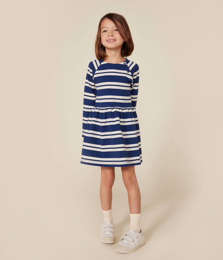 Robe manches longues en coton &eacute;pais enfant fille bleu/beige