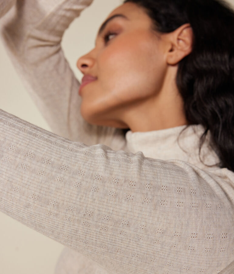 L'ICONIQUE, dames-T-shirt met rolkraag in ribstof beige MONTELIMAR CHINE