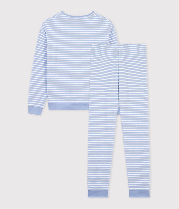 Pyjama femme en coton &eacute;ponge &agrave; rayures bleu/&eacute;cru