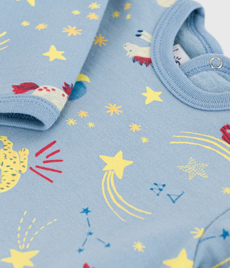 Babypyjama van geruwde fleece met opening op de rug en print blauw/wit