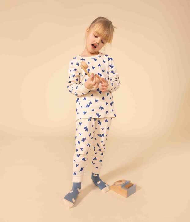 Pyjama c&oelig;ur en coton enfant &eacute;cru/multicouleur
