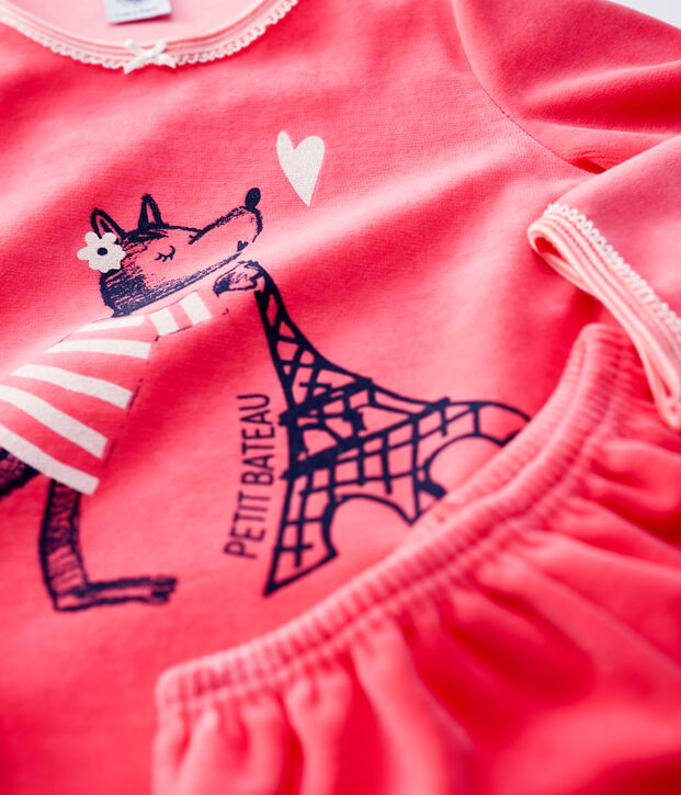 Pyjama rose petite fille motif louvette en velours rose