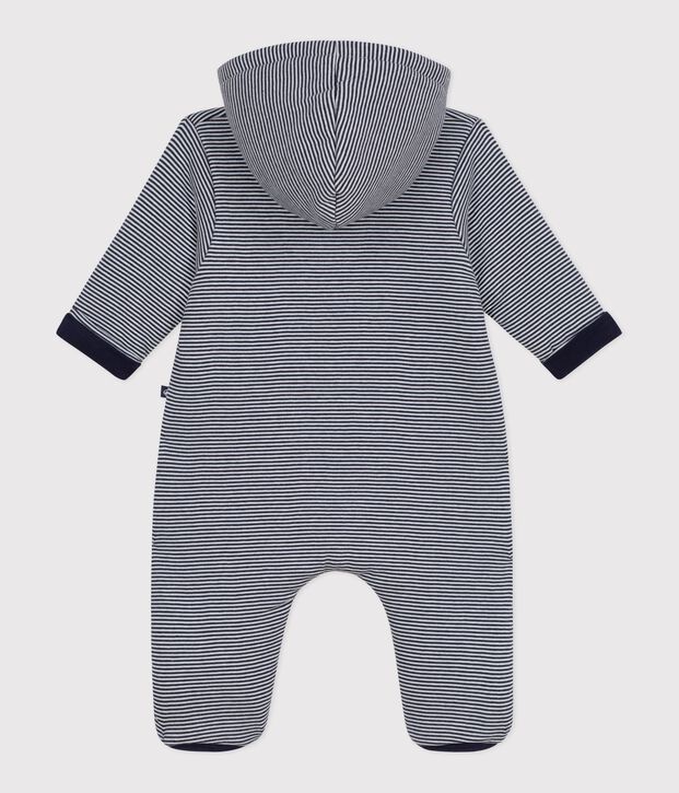 Combinaison ouatin&eacute;e b&eacute;b&eacute; &agrave; capuche et pieds, ray&eacute;e bleu/blanc