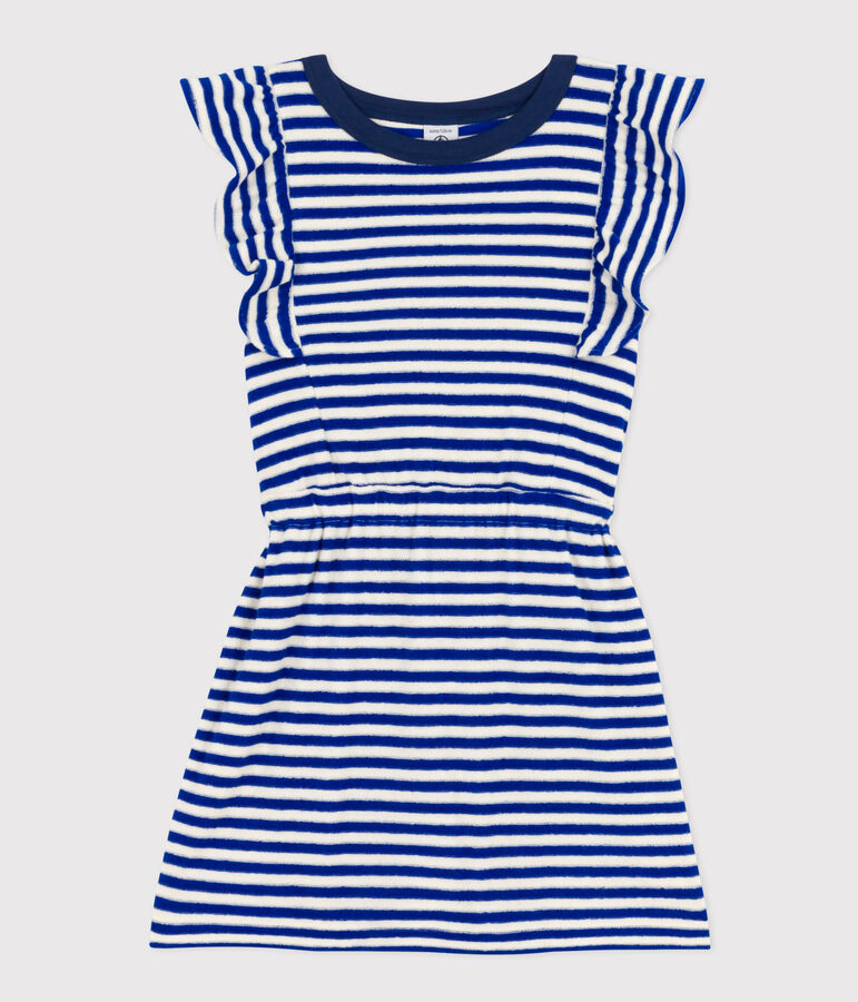 Robe ray&eacute;e sans manche en bouclette &eacute;ponge enfant fille bleu/&eacute;cru