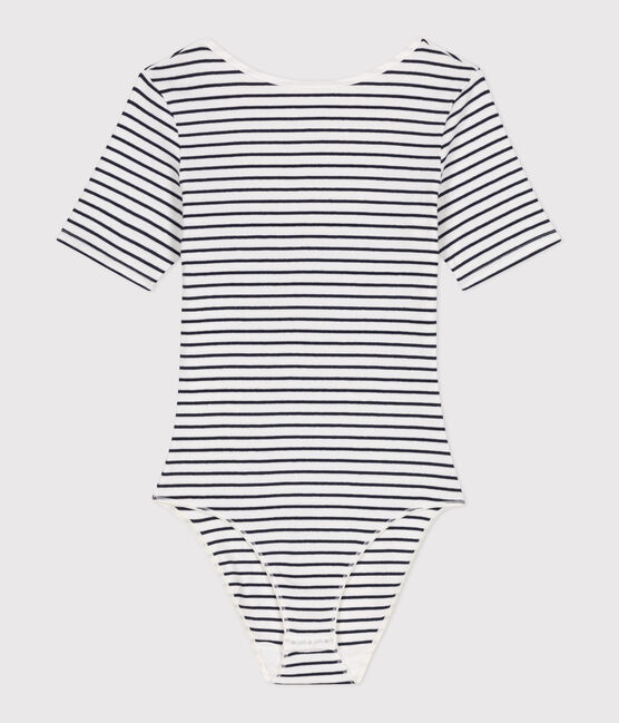 Body femme en coton et élasthanne manches courtes à rayures blanc MARSHMALLOW/bleu SMOKING