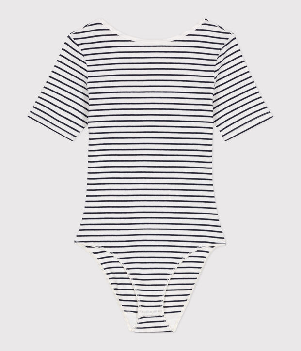 Body femme en coton et &eacute;lasthanne manches courtes &agrave; rayures blanc/bleu
