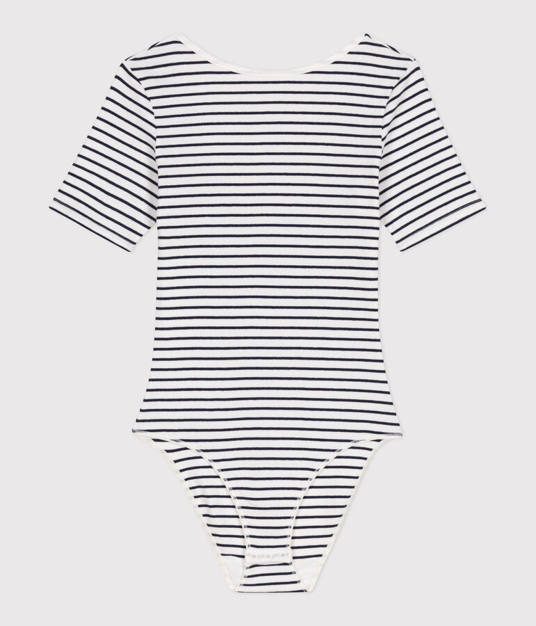 Body femme en coton et &eacute;lasthanne manches courtes &agrave; rayures blanc/bleu