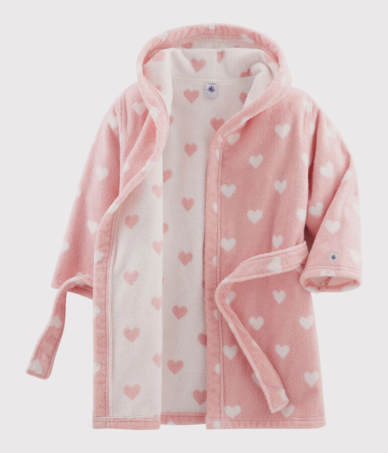 Badjas van badstof voor meisjes met hartjes roze/wit