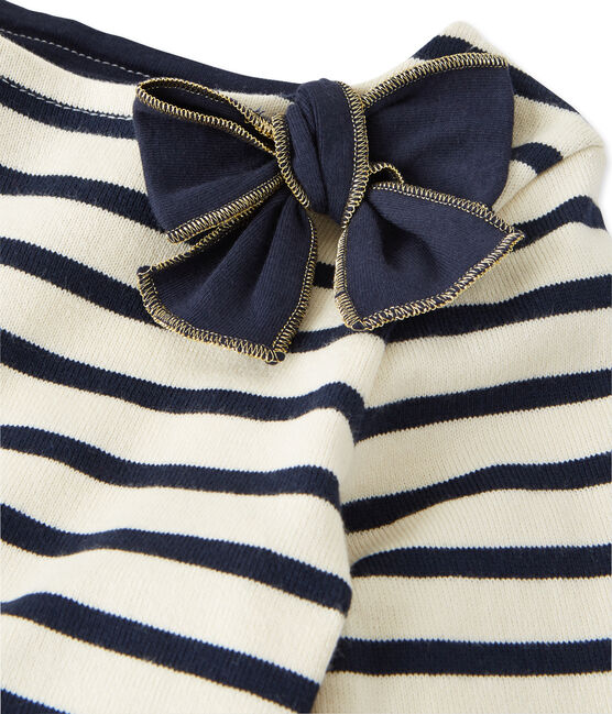 Robe fille bi-matière rayée beige COQUILLE/bleu SMOKING