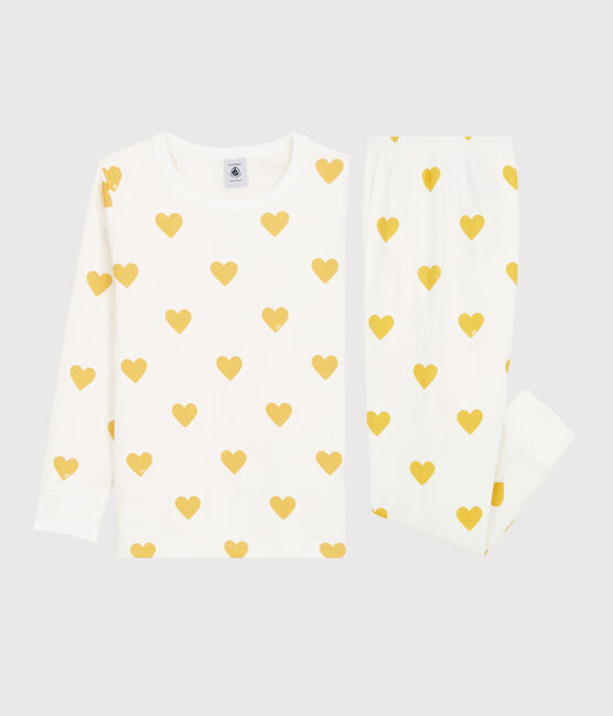 Jongens/meisjes pyjama met gele hartjesprint van tubic en biologisch katoen wit MARSHMALLOW/geel OCRE
