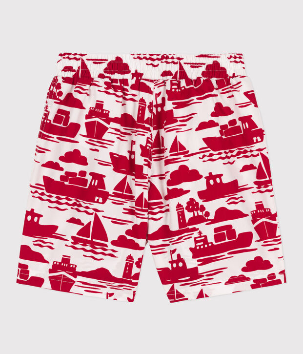 Short de bain recycl&eacute; imprim&eacute; enfant gar&ccedil;on &eacute;cru/rouge