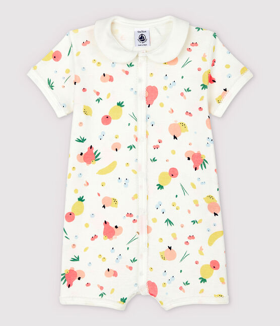Katoenen fruit-playsuit voor baby's wit MARSHMALLOW/wit MULTICO