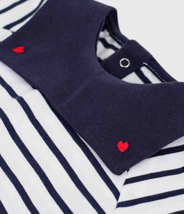 Katoenen babybloesje met matrozenstreepje en geborduurd kraagje wit/blauw