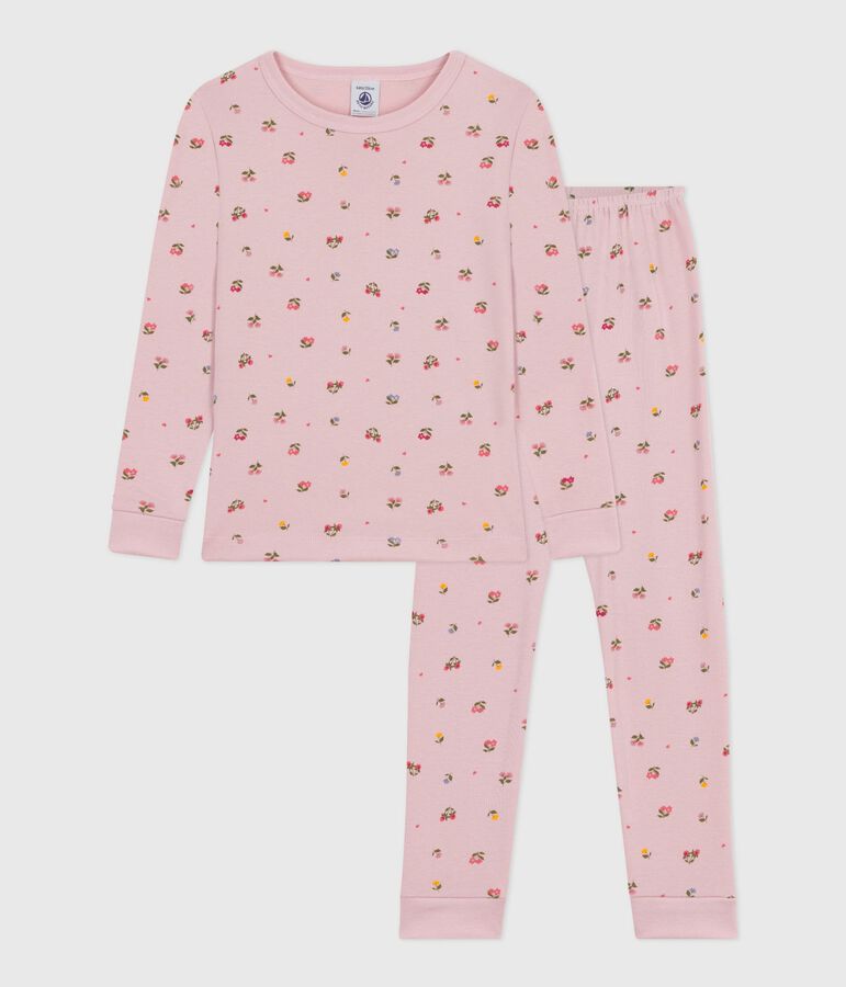 Pyjama enfant en coton  tr&egrave;s ajust&eacute; imprim&eacute; fleurs rose/multicouleur