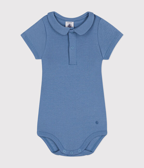 Katoenen body met korte mouw en Peter Pan-kraagje voor baby's blauw BEACH