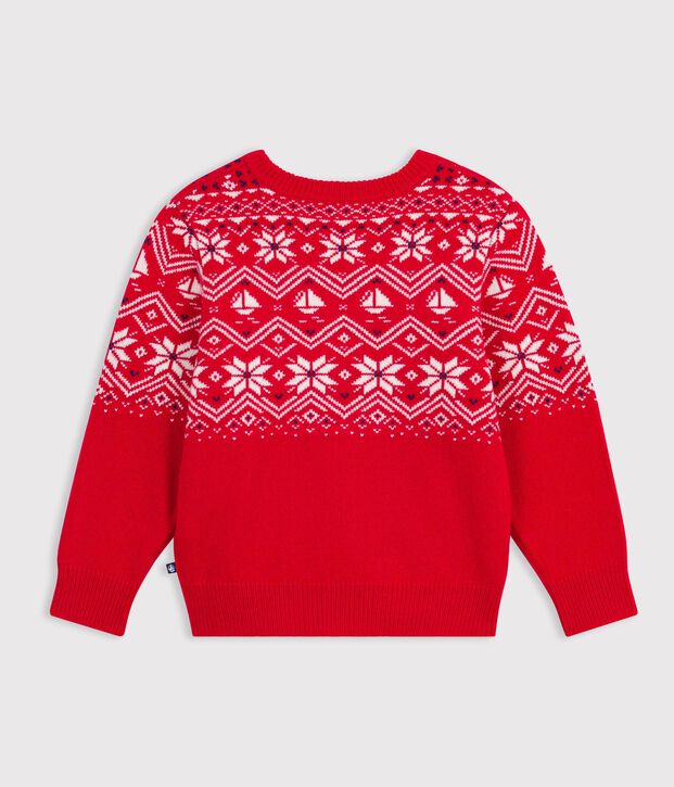 Pull jacquard enfant en laine et coton rouge/multicouleur