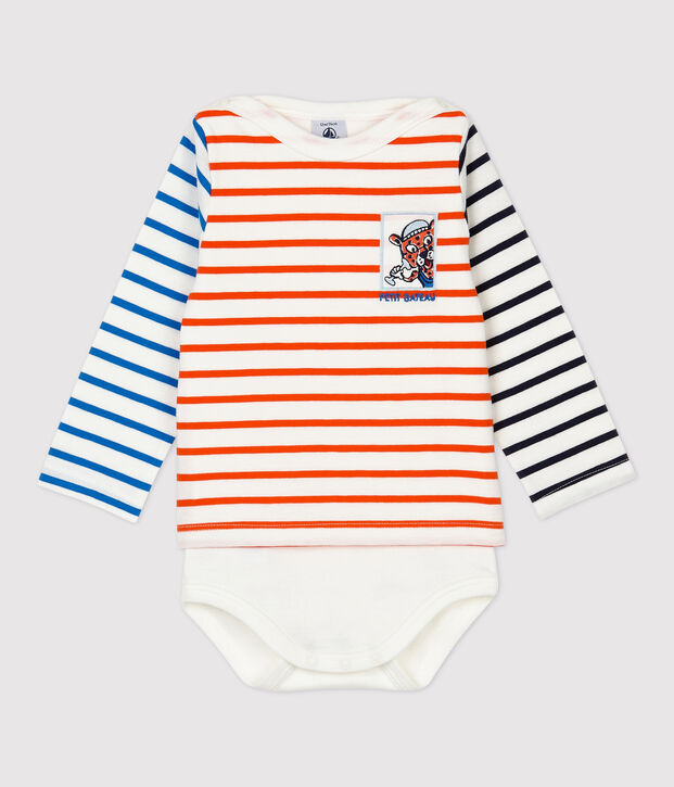 Marini&egrave;re romper van katoen baby. wit/oranje