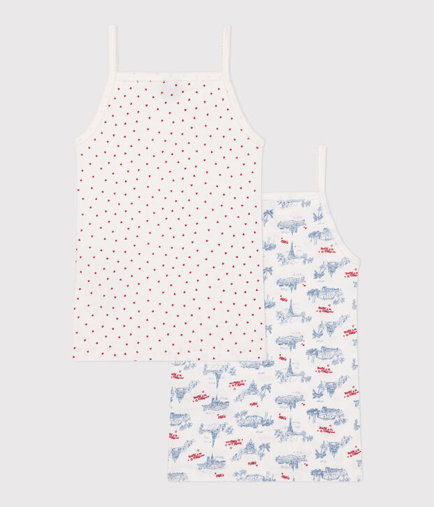 Setje van twee katoenen kinderhemdjes met smalle schouderbandjes en print van Parijs multicouleur