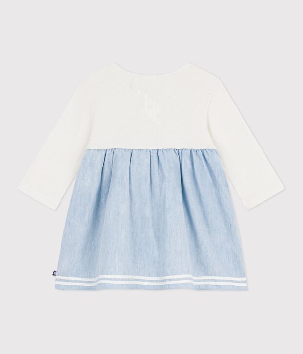 Robe b&eacute;b&eacute; bi-mati&egrave;re manches longues, en coton et chambray &eacute;cru/multicouleur