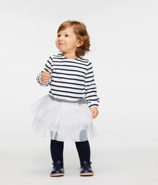 Gestreepte jurk met lange mouwen babymeisje wit MARSHMALLOW/blauw SMOKING
