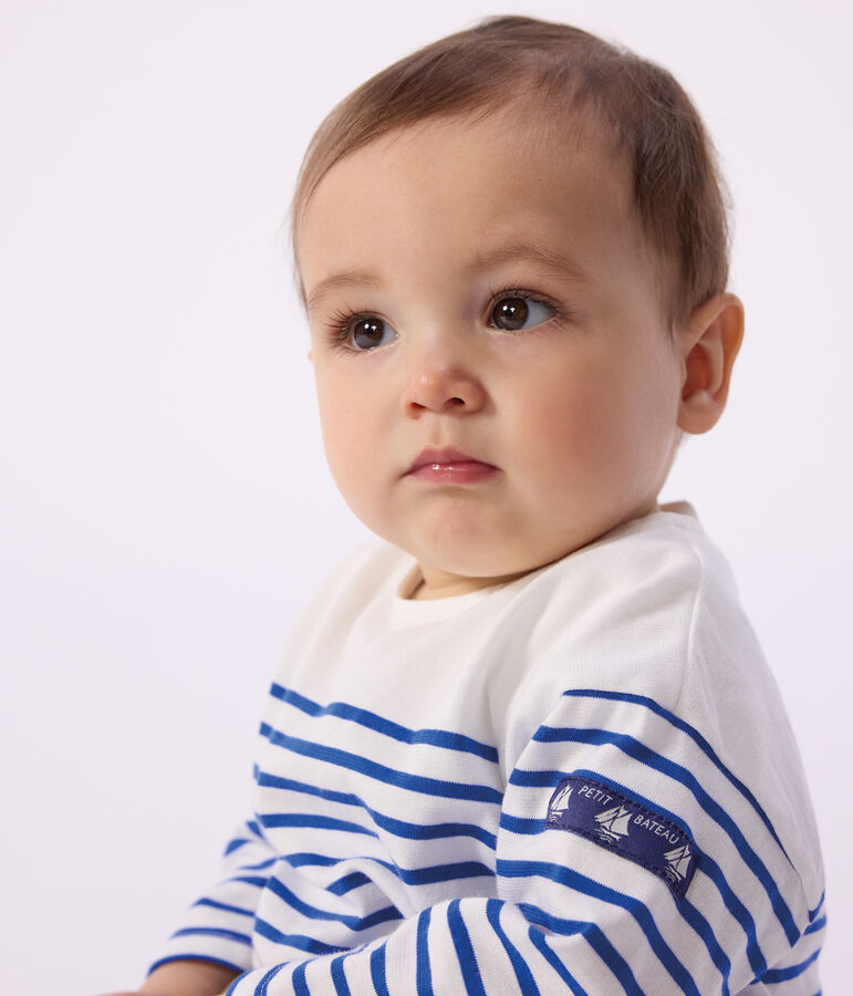 Katoenen baby-T-shirt met lange mouwen en matrozenstreepje wit MARSHMALLOW/blauw PERSE