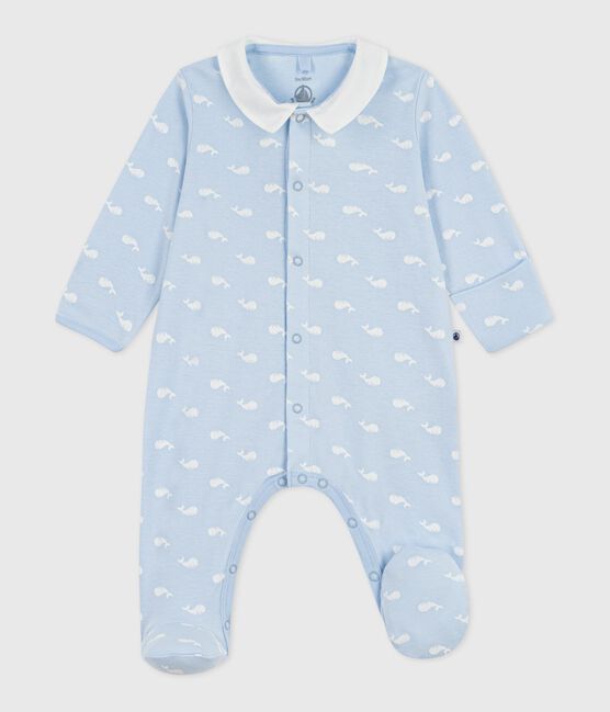 Pyjama bébé en coton à col imprimé baleine bleu TOUDOU/blanc MARSHMALLOW