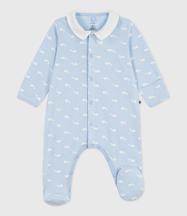 Katoenen babypyjama met kraag met walvisprint blauw/wit