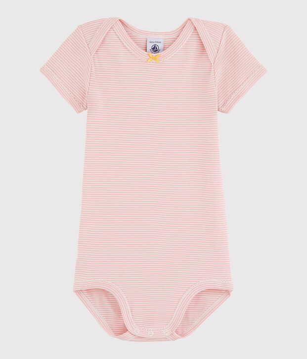Rompertje met korte mouwen babymeisje roze/wit