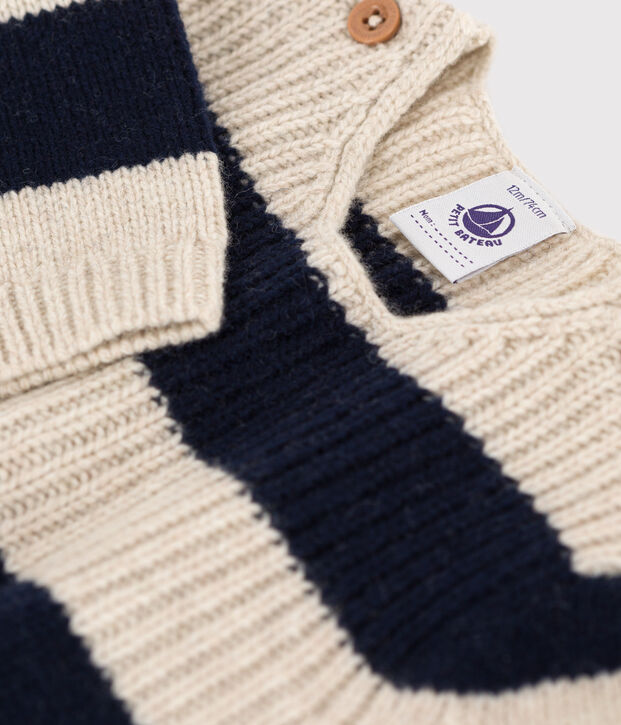 Pull en tricot de laine et coton b&eacute;b&eacute; &eacute;cru/bleu