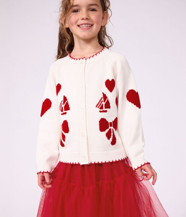 Cardigan enfant en laine et coton &agrave; motifs blanc/rouge