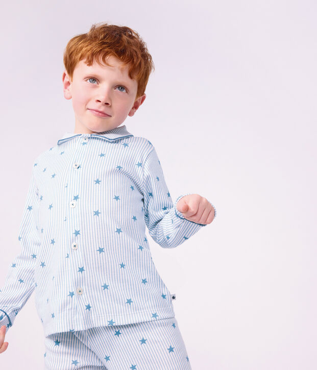 Pyjama boutonn&eacute; enfant en coton imprim&eacute; &eacute;toiles blanc/multicouleur