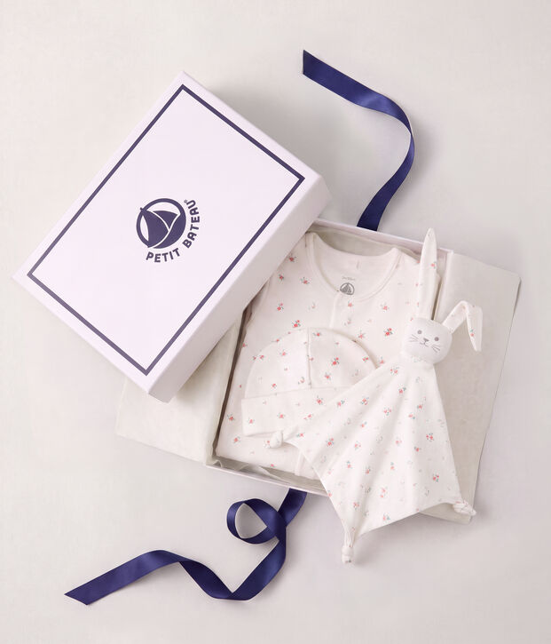 Coffret cadeau naissance en coton imprim&eacute; fleuri multicouleur