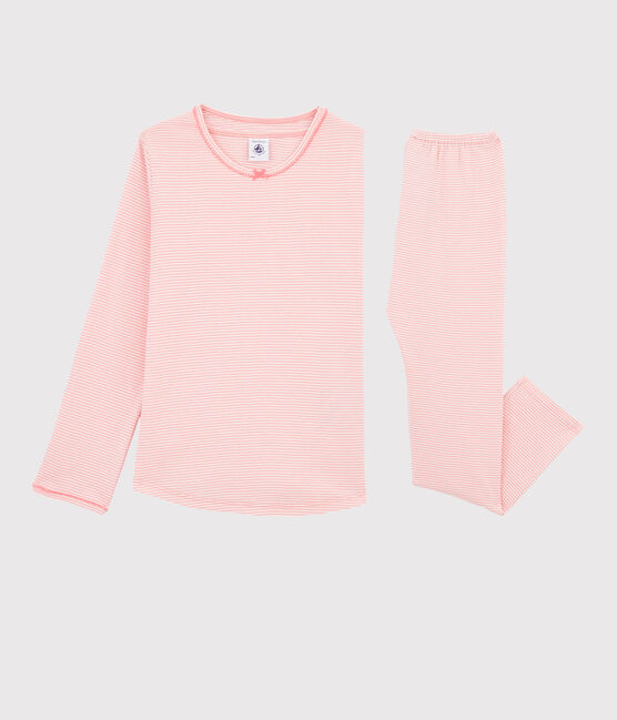 Pyjama à rayures milleraies petite fille en côte rose GRETEL/blanc MARSHMALLOW