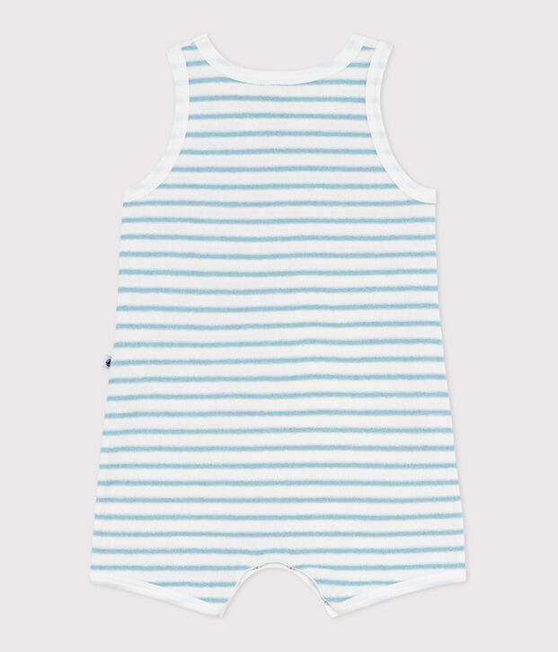 Combinaison courte sans manches b&eacute;b&eacute; en coton bouclette &eacute;ponge &agrave; rayures blanc/bleu