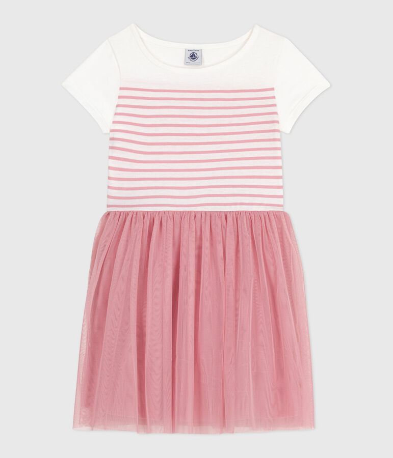 Robe enfant en coton et tulle manches courtes blanc/rose