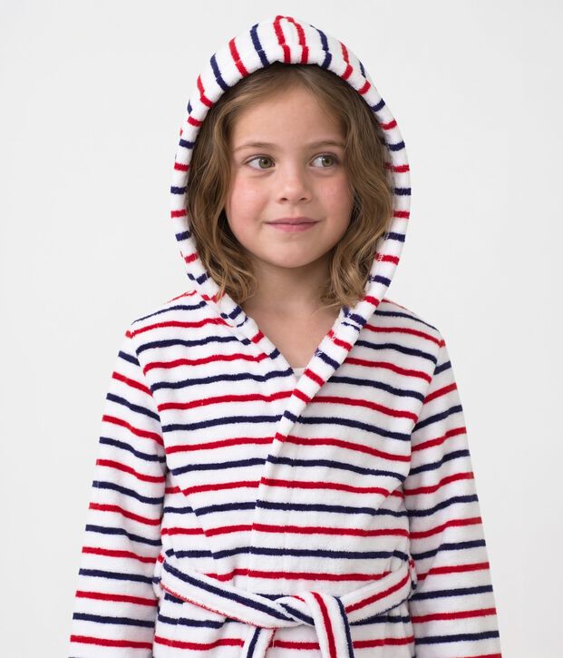 Gestreepte kinderbadjas van katoenen badstof wit/multicouleur
