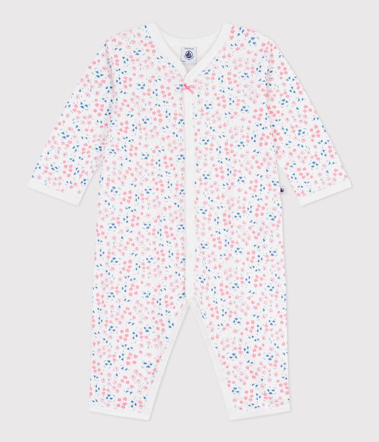 Katoenen babypyjama zonder voetjes met bloemenprint wit MARSHMALLOW/wit MULTICO