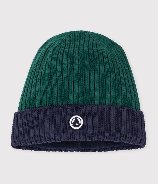 Tweekleurige gebreide kindermuts met fleecevoering groen/blauw