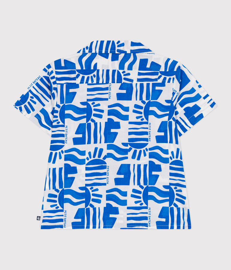 Chemise enfant en coton manches courtes imprim&eacute;e blanc/bleu