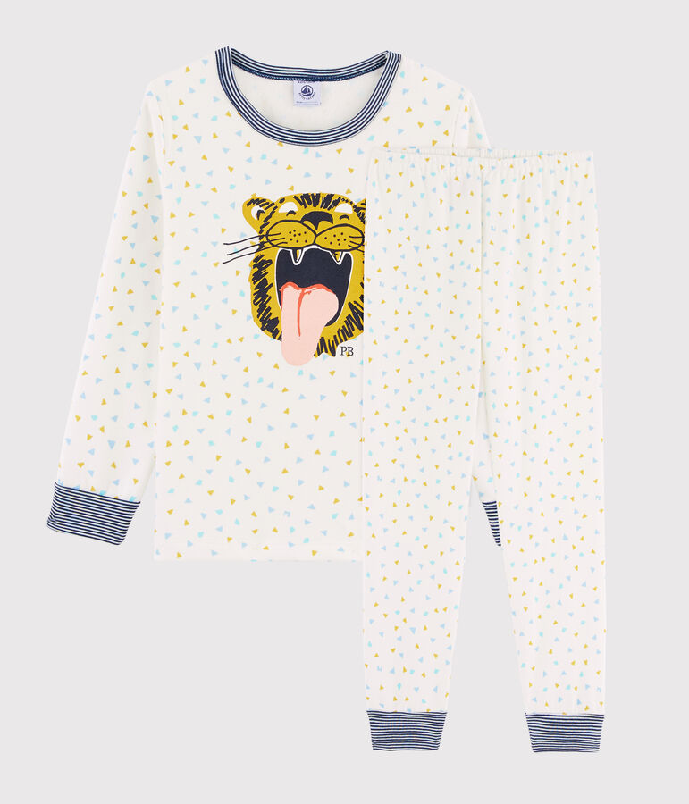 Kinderpyjama van ribtricot met tijgermotief wit MARSHMALLOW/wit MULTICO